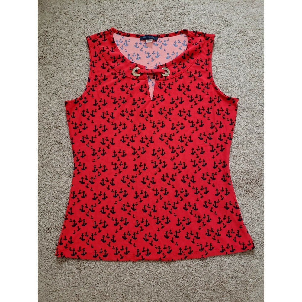 Tommy Hilfiger Red Sleeveless Blouse Metal Accent and Slight V-Neck Sz M